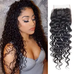 4x4  Lace Closure Human Hair 12 Inch Free Part Deep Wave Closure Virgin Remy Curly Human Hair for Women Transparent Lace Closures Pre Plucked  Black