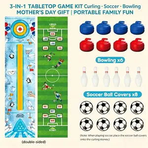 3-in-1 Curling Soccer Bowling Game Set | Mother's Day Gift Portable Tabletop Party Game, Indoor Competitive Family Fun for Kids Adults, Lightweight Travel & Memorial Day Group Activity