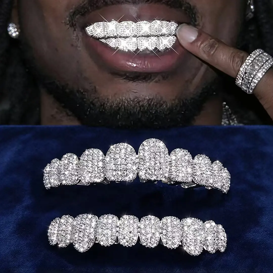 Iced Out Cubic Zirconia Grillz 2 Sets, Gold & Silver Tone Top and Bottom Teeth Caps, Unisex Hip Hop Costume Mouth Jewelry, Adjustable Rapper Teeth Grills for Party, Halloween & Christmas Gift