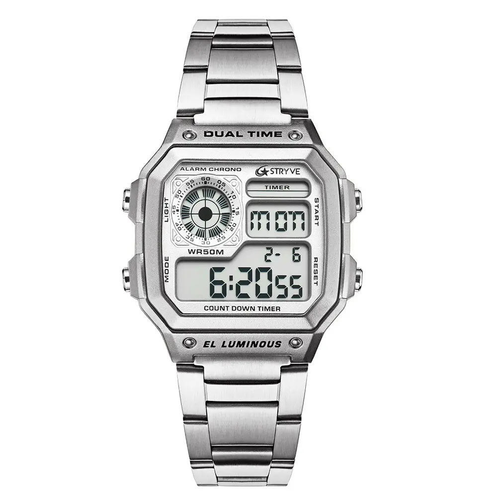 Square Fashion Digital LED Count Down Clock Sports Waterproof Men Luxury Stainless Steel Watch with Dual Time Alarm Chronograph Timer WR50M