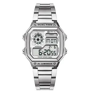 Square Fashion Digital LED Count Down Clock Sports Waterproof Men Luxury Stainless Steel Watch with Dual Time Alarm Chronograph Timer WR50M