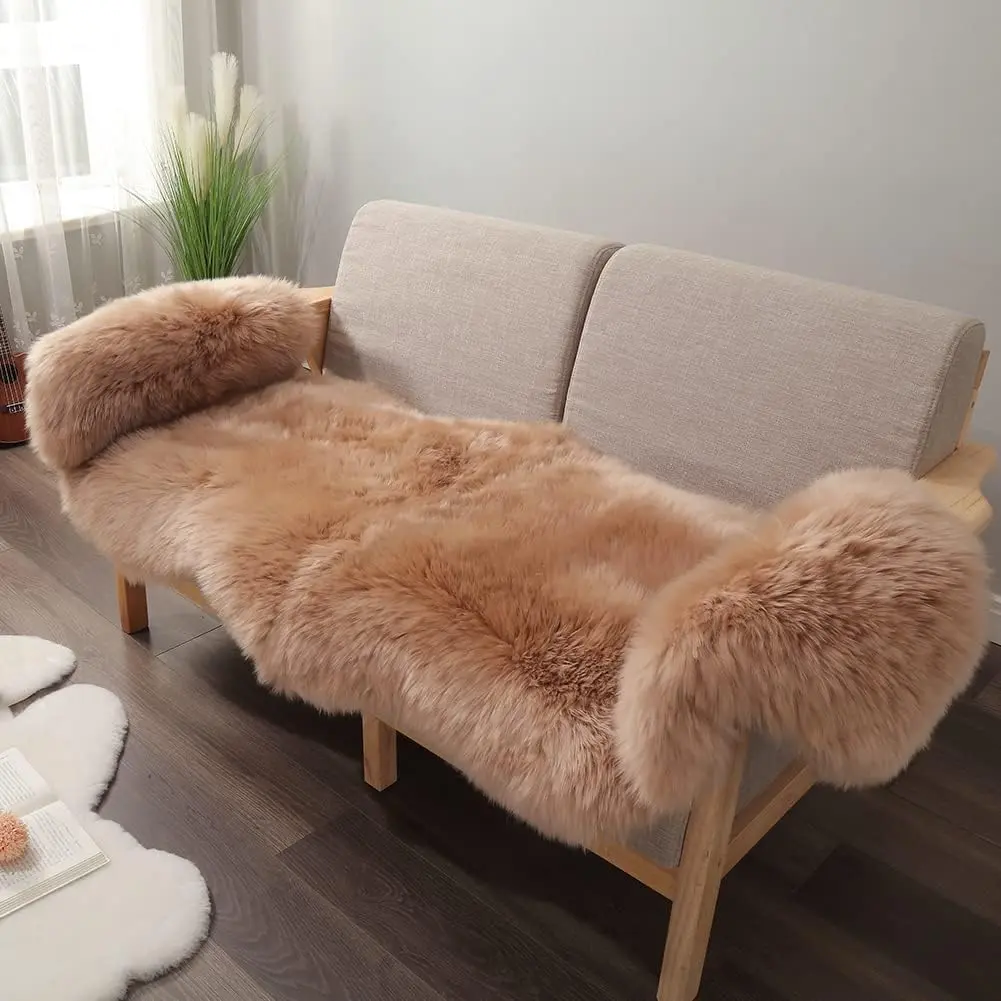Genuine  Sheepskin Rug Real  Sheepskin  Luxury Fluffy Lambskin  Area Rug Seat Covers for  Bedroom Sofa Chair Cover (Light Brown, Double Pelt/2ft x 6ft)