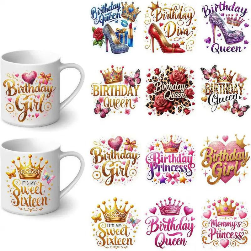 12pcs Birthday Queen UV DTF Cup Wraps Winter UV DTF Transfer Waterproof Sticker for Glass Cups Furniture Craft DIY Crafts Rub on Transfer Stickers for DIY Water Bottle Laptop Decal  Car
