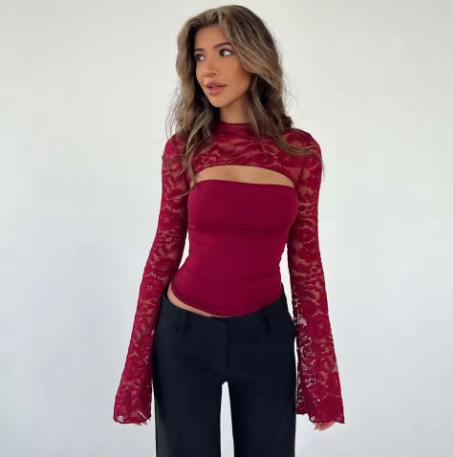 Elegant Lace Patchwork Long Sleeve Fitted Top, Sexy Hollow Out Design, Perfect for Bar Parties and Vacation, Versatile Women's Blouse