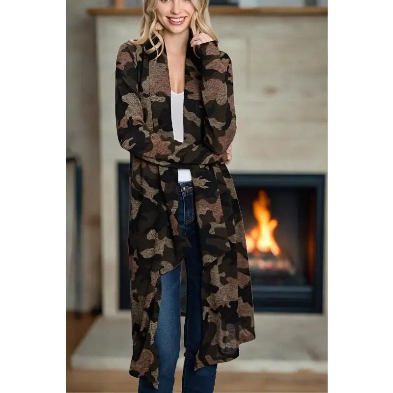 Long Camo Knit Drape Front Cardigan Sweater - Olive Brown