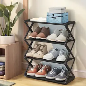 4 Layer Stackable Foldable Plastic Shoe Rack Organizer, Space Saving Storage Box for Entrance Hall Bedroom Dormitory, Multiple Colors X Shape Design