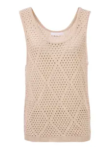 Women's Apricot Crochet Knit Tank Top, Sleeveless Openwork Sweater Vest, Lightweight Round Neck Summer Top