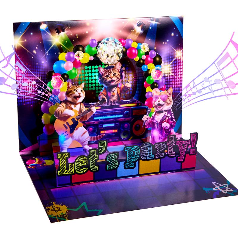 3D Pop-Up Musical Birthday Card with Rock Cats Design, Tik Tok Song and Flashing Lights, Surprise Gift for All Ages, Special Gift for Special One