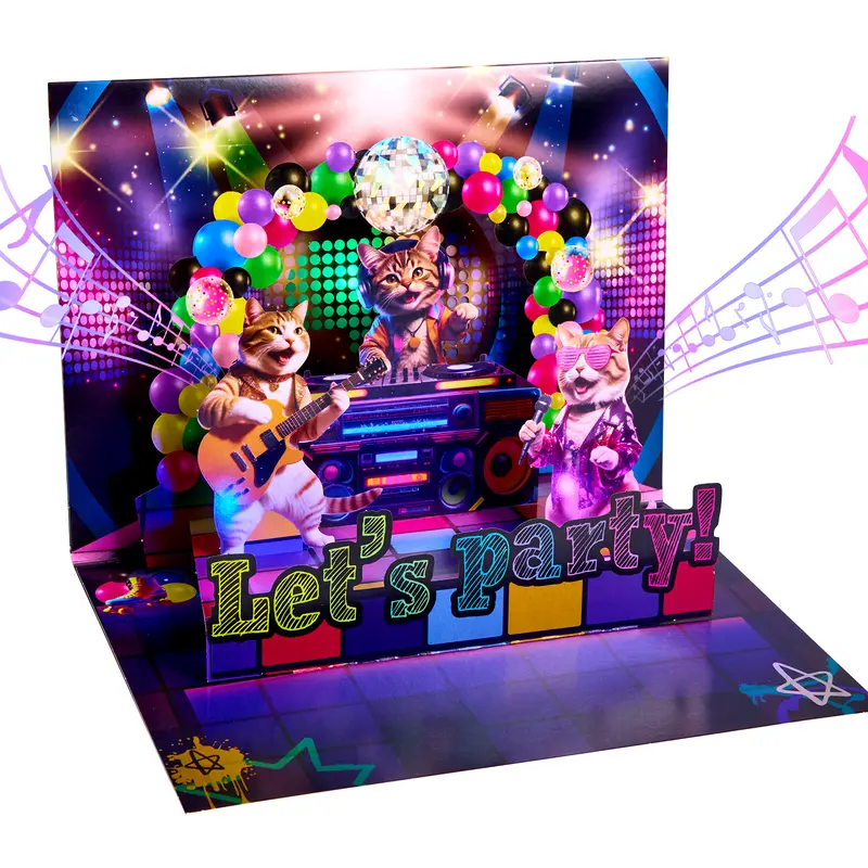 3D Pop-Up Musical Birthday Card with Rock Cats Design, Tik Tok Song and Flashing Lights, Surprise Gift for All Ages, Special Gift for Special One