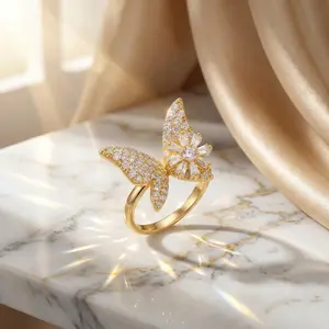 Gold Butterfly Ring with Rotating Zircon Flower, Open band design,Pavé Spinner Statement Jewelry for Women gift
