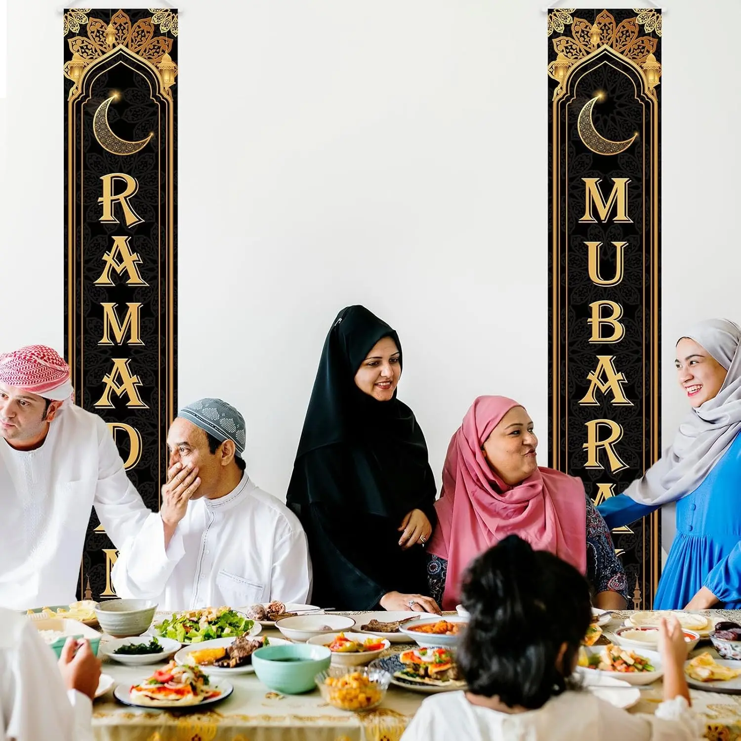 2D Flat Banner Party Decoration Set, & Ramadan Home Decor, Eid Mubarak Porch Sign, Outdoor Holiday Welcome Banners, Wishing Banner