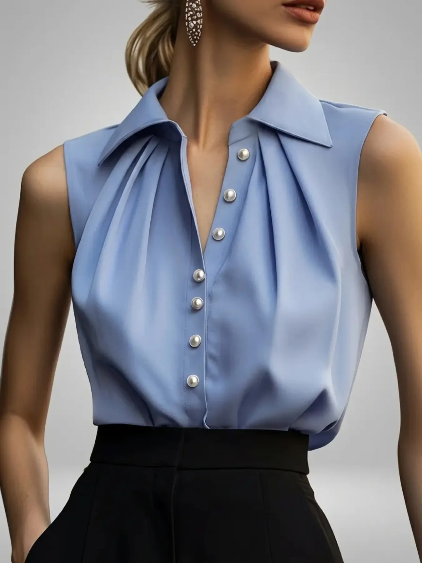 Women's Sleeveless Collared Lapel Button-Up Top Blouse Shirts, Elegant Chic Pleated Design, Slim-Fit, All-Season Fashion, Ideal for Casual Outings