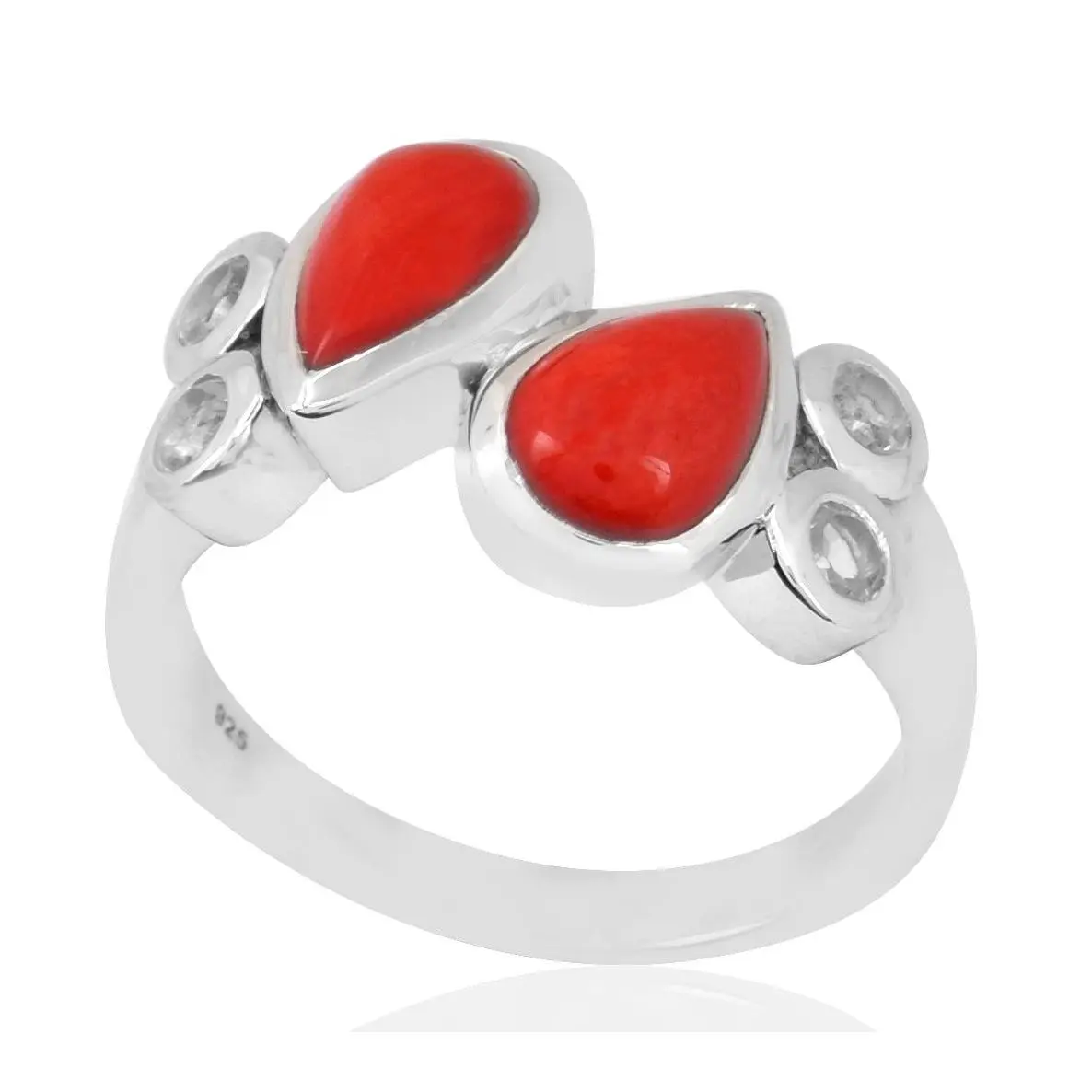 Sterling Silver Pear Shaped Red Coral & CrystalRing