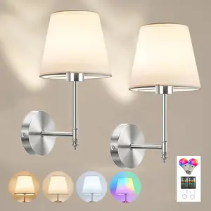 Modern short 2-piece rechargeable wall lamp, battery powered wall lamp with 1200mAh RGB bulb dimmable detachable bulb and remote control, suitable for bedroom, living room, corridor decoration