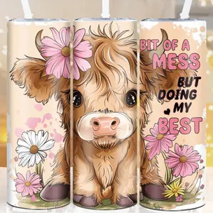 Highland Cow Tumbler with Straw and Lid 20oz Vacuum Insulated Stainless Steel Travel Cup with Floral Design Perfect for Holiday Gifting