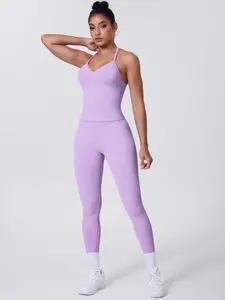 Women's Sports Suit, Neck Hanging Vest & Sports Pants 2-piece Set, Seamless Solid Color Fitness Suit, Running Training Pilates Set