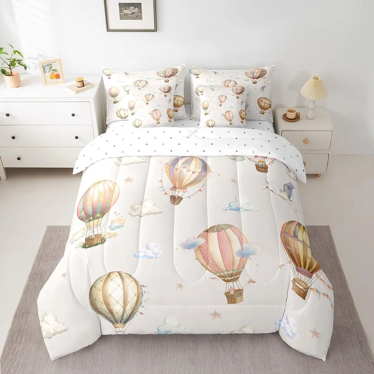 7 Pieces Hot Air Balloon Comforter Set,Cloud Starry Sky Cartoon Balloons Bedding Set,White Crane Bird Animal (Comforter+Fitted+Flat Sheet+2 Pillowcases+2 Throw Pillow Covers)