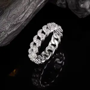Platinum 925 Sterling Silver 6*mm Cuban Link Full Moissanite Ring (Size 5-10)