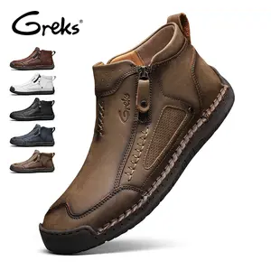 GREKS Men's Mid-Top Casual Boots, Single Side Zipper Walking Shoes, Comfort No-Lace Ankle Booties, Non-Slip Rubber Sole, Brown