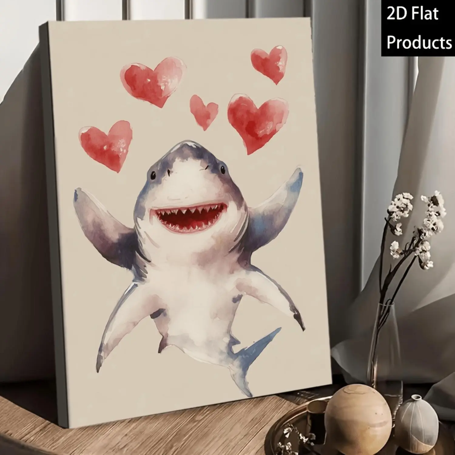 2D Flat, 2D Flat 1pc Flat Vibrant Wooden Framed Canvas Painting, Loving Shark Sketch Wall Art, Artwork, Suitable for Bedrooms, Offices, Living Rooms, Cafes, Wall Decorations, And Home Or Dormitory Decor; Also Makes a Great Gift