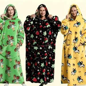 Autumn Winter Strawberry Shopping Queen Mask Dog Print Cute Elegant Casual Home Long Soft Cotton Flannel Cozy Hooded Blanket Robe