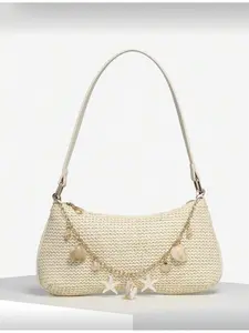 Women Retro Vacation Ocean Life Fake Pearl Cherry Fake Fur Tail Woven Crossbody Bag for Dating Picnic Beach Travel Straw Bag Vintage Crossbody Bag