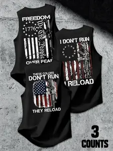 Men's Patriotic Round Neck Vest Set, Muscle Tank Top, Usa Flag & Gun Print Sleeveless T-Shirts, Fitted Sporty Style, Daily Wear, Fitness, Outdoor Activities