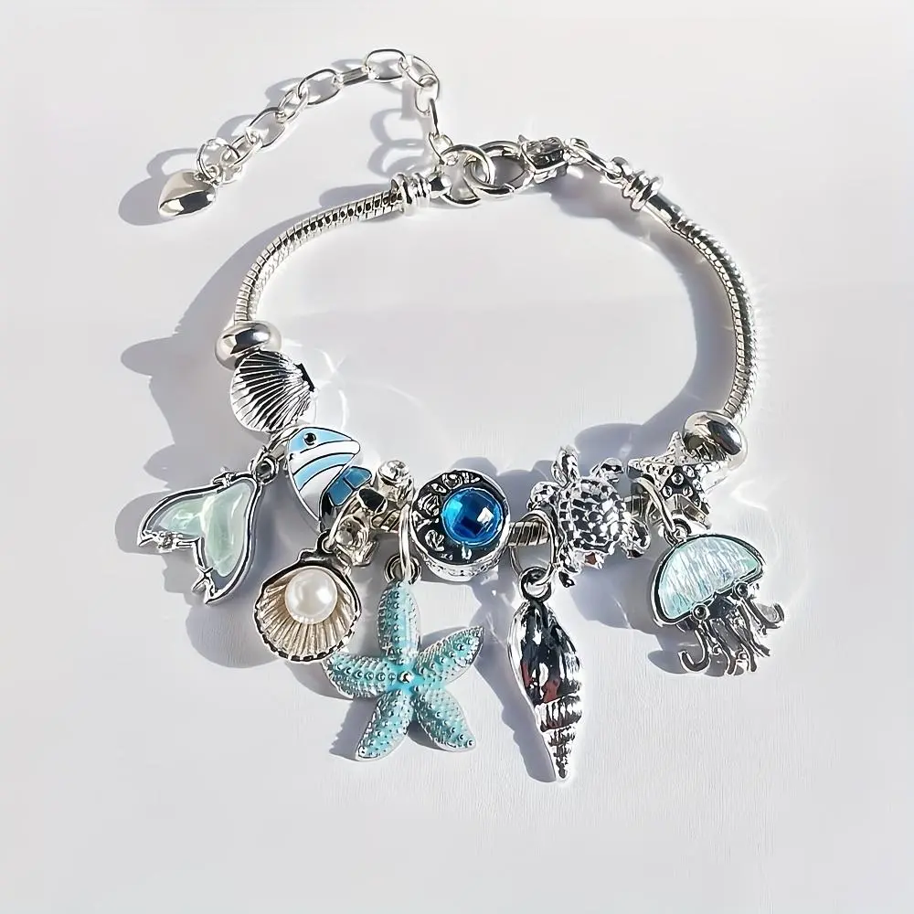 Women's Nautical Metal Bangle - Fashion Costume Link Chain Jewelry with Multiple Sea Life Charms (Fish, Starfish, Shell, Octopus) - Birthday Gift Ideas for Females