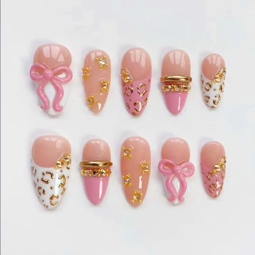 M03- Coquette Bow Press-On Nails, Pink French Tip Leopard Design, Gold Charm Accent, Handmade Girly Luxury Nail Art, Elegant Princess Press Ons