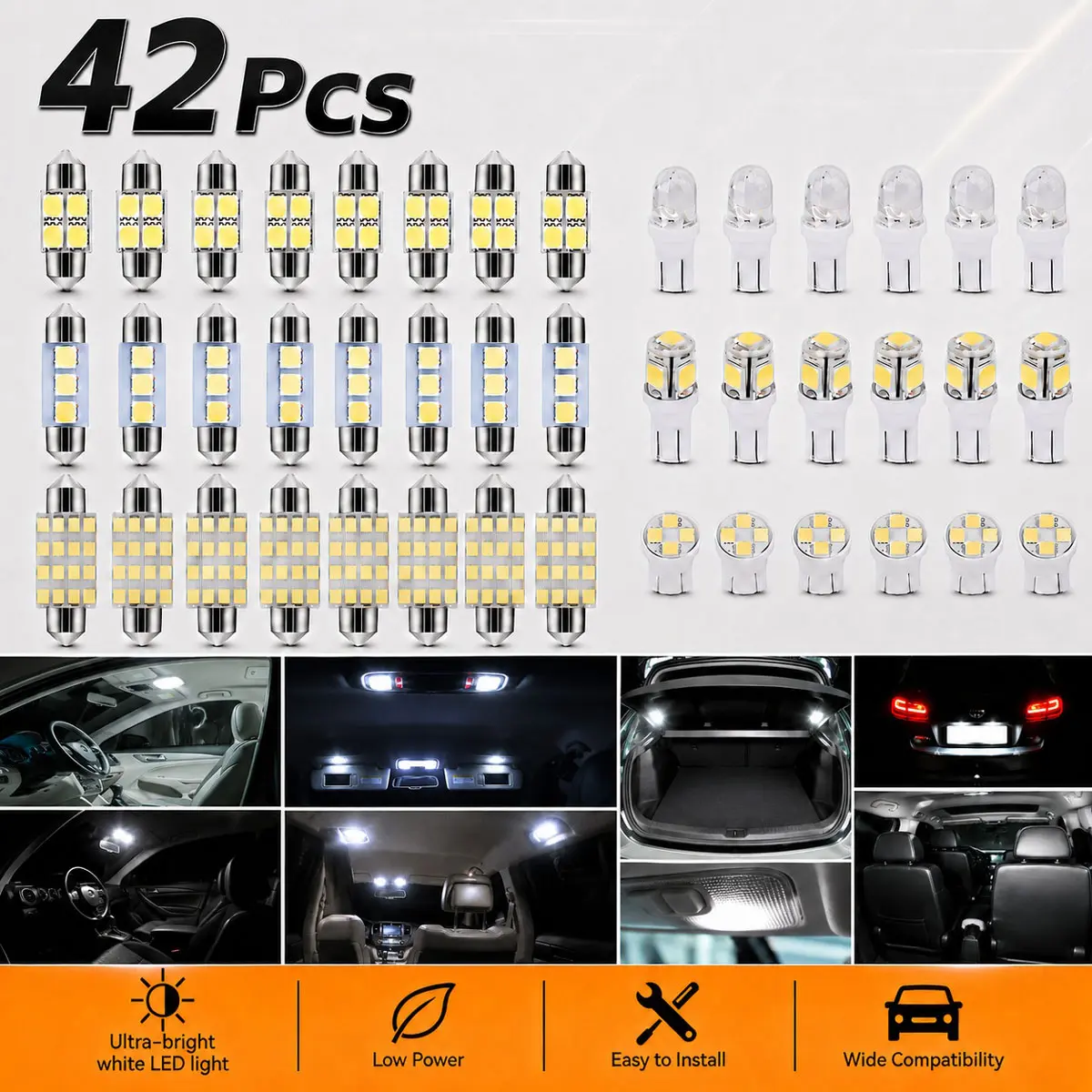 42-Piece Full Interior LED Light Bulb Kit 6000K Super Bright White | T10 194 DE3175 Bulbs for Dome Map Door Cargo License Plate | Universal Fit for Trucks SUV（Plug & Play)