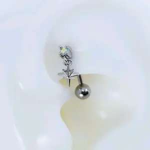 B:PSoem 16G Silver Dainty CZ with Dangling Radiant Star #Rook, Curved Barbell Cartilage Piercing #Externally Threaded