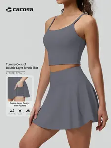 One-piece women's solid color double-layer knitted sports short skirt, high-elastic slim fit butt-lifting tennis skirt, moisture-wicking, comfortable and breathable, suitable for cycling, fitness, running, yoga, sports, fitness and leisure wear