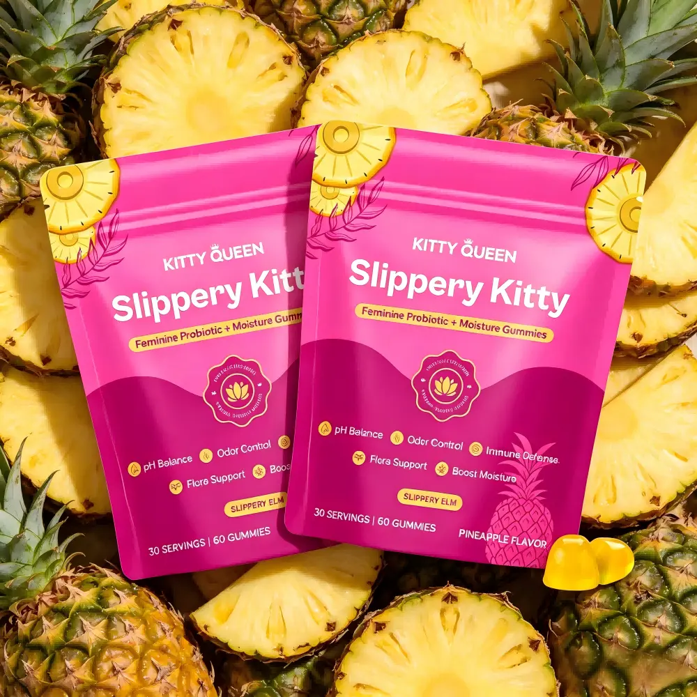 Slippery Kitty Women’s Digestive & Intimate Wellness Gummies, Pineapple Probiotic Supplement with Slippery Elm, Supports pH Balance & Natural Moisture 60 Count