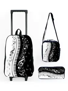 Black Piano Note Print 17 inch pull rod backpack three piece set Trolley Bags Rolling Bags