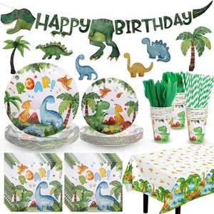 194 count Dinosaur Birthday Party Supplies Dinosaur Paper Plates Napkins Cups Forks Tablecloth Banner  Shower Decorations Tableware Theme Serve 24