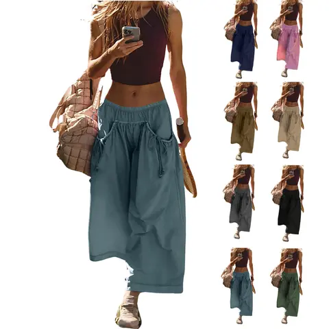 UANEO Women's Loose Wide Leg Track Pants Boho Sport Style Drawstring Pockets Elastic Waist Capri Hiking Parachute Pants Womenswear Casual