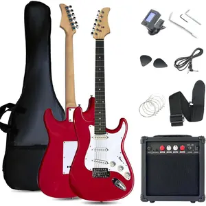 39in Full Size Beginner Electric Guitar Starter Kit w/Case, Strap, 20W Amp, Strings, Pick, Tremolo Bar (Red Guitar)