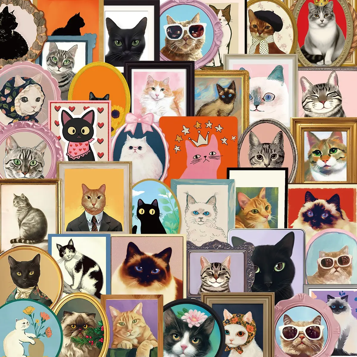 50 Vintage Cat Graffiti Stickers Set, Sticker Sheets, Aesthetic Stickers, Decoration Sticker, Waterproof DIY Decorative Decals for iPad Luggage Notebooks, Retro Style Adhesive Art Supplies