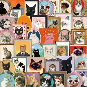 50 Vintage Cat Graffiti Stickers Set, Waterproof DIY Decorative Decals for iPad Luggage Notebooks, Retro Style Adhesive Art Supplies