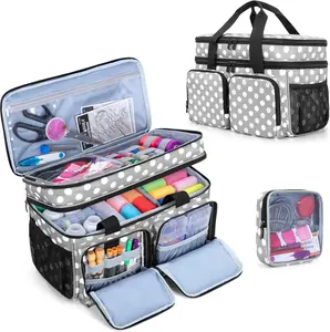Large Sewing Organizer Bag with an Individual Pouch and Detachable Dividers, 2 Layers Sewing Storage Bag for Sewing Supplies, Polka Dots