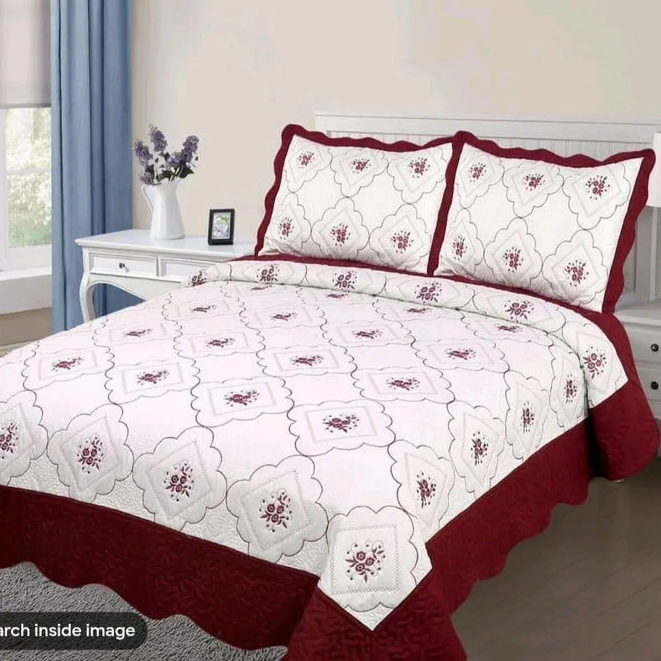 3-Piece Evergreen Embroidery Quilt Set, 2-Tone Design, Available in Twin, Queen, King Sizes for Bedding & H