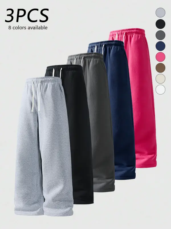 3-pack men’s autumn solid-color loose wide sweatpants with adjustable drawstring elastic waistband, casual trendy versatile pants for everyday wear, skin-friendly soft comfortable fabric