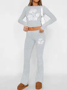 Mushroom Graphic Printed 2 Pieces Women Suit  Women's Casual Crop Top Set, Long Sleeve Fitted Short Blouse + Flare Pants, Spring & Fall Fashion,