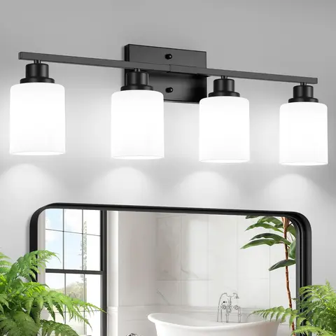 Ascher 4-Light 26.8 Inches Matte Black Bathroom Vanity Wall Sconce, E26 Base (Bulbs Not Included), Milky White Frosted Glass Shades, Double-Layer Spray Painting Process for Durability, Built for Humidity, Decorative Wall Light for Living Room