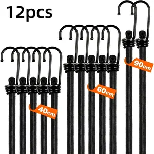 A Set of 12 Bungee Cords with Hooks, Capable of Supporting a Maximum Weight of 35 Kilograms. These Elastic Ropes Come in Various Lengths And Are Suitable for Camping, Outdoor Activities, Luggage, Tents, Bicycles, And More