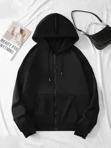 Women's Basic Solid Color Zip Up Drop Shoulder Long Sleeve Hoodie, Fashion Casual Minimalist Drawstring Pocket Hooded Jacket for Daily Holiday Outdoor Wear, Women Clothing Womenswear for Fall & Winter, Sweatshirts
