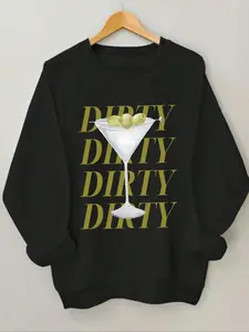 Women's Letter & Martini Print Drop Shoulder Sweatshirt, Casual Long Sleeve Round Neck Pullover for Daily Wear, Ladies Clothes for All Seasons