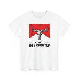 DTG Raised On 90's Country T-Shirt Longhorn Skull Retro Red graphic tee's classic cotton