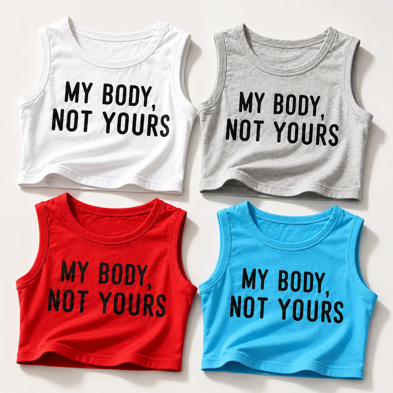 4PC  Women's Crop Tank Top, 'My Body, Not Yours' Graphic Print, Sleeveless, White, Gray, Red, Blue, Sizes S-XL