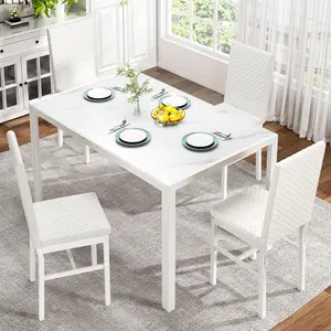 Dining Room Table Set for 4, 5-Piece Kitchen Table Chairs Set of 4, Glass Dining Table & PU Leather Chairs, Sutiable for Small Space, Apartment